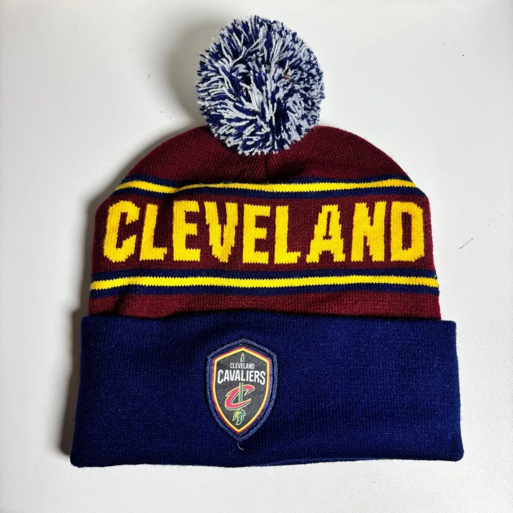 Cleveland Cavaliers NBA Cuffed Pom Beanie Hat Wine Gold Navy Blue One‎ Size